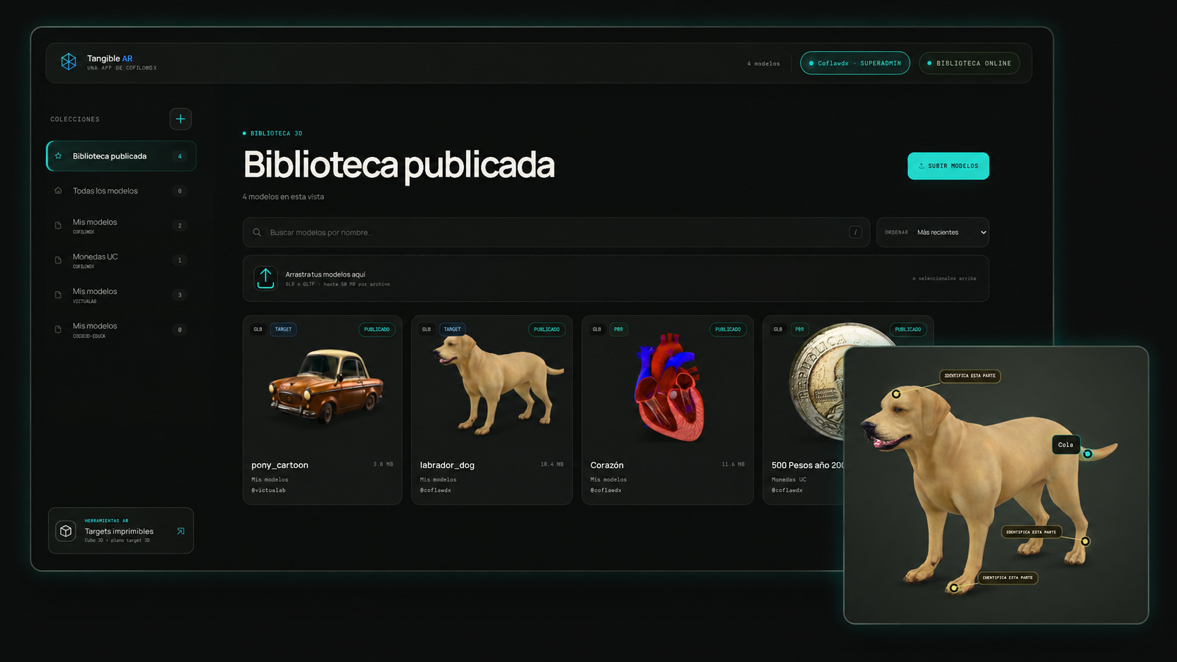 Interfaz de Tangible AR con una biblioteca de modelos 3D y un perro con puntos interactivos