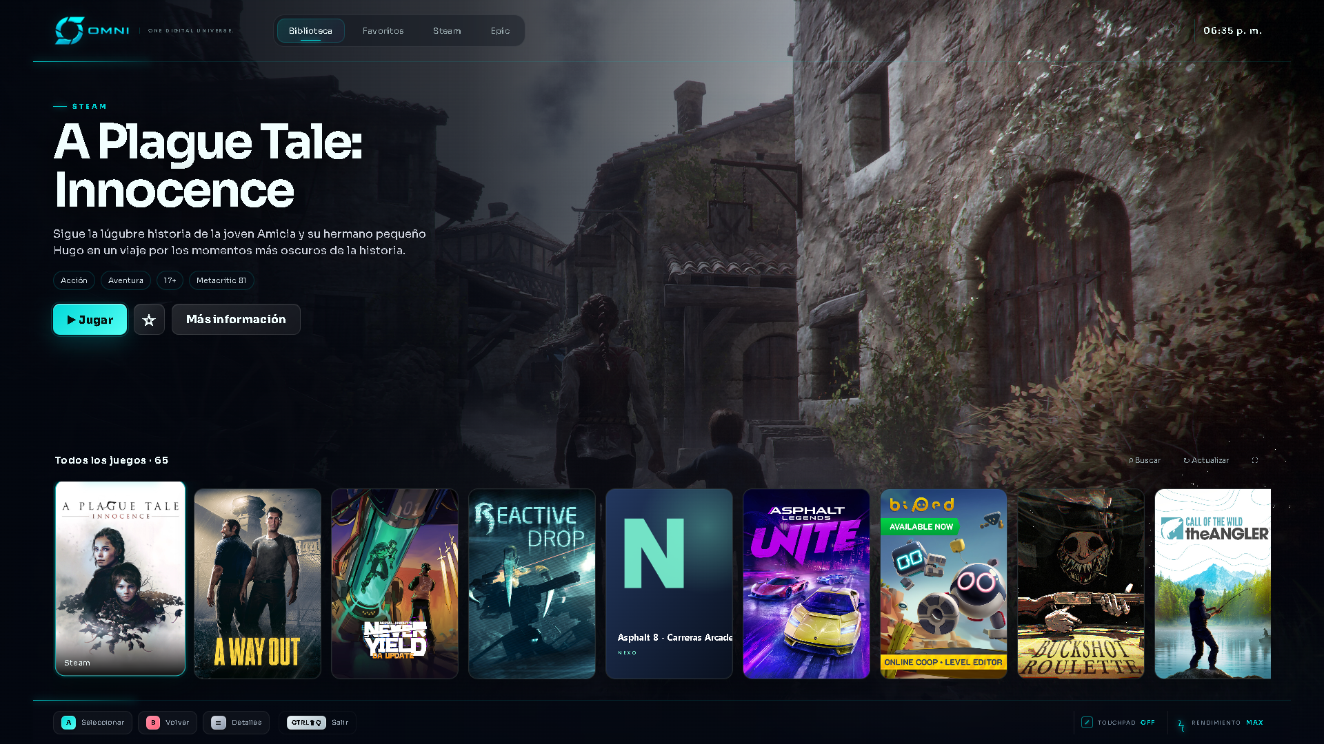 Interfaz de biblioteca de juegos de OMNI abierta en pantalla completa